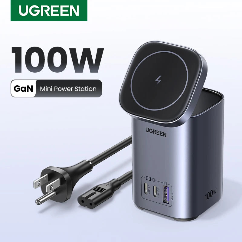 UGREEN GaN 100W Desktop Charger MFi Magnetic Wireless Charger for iPhone 17 16 15 Fast Charger Power Station for Laptop Notebook
