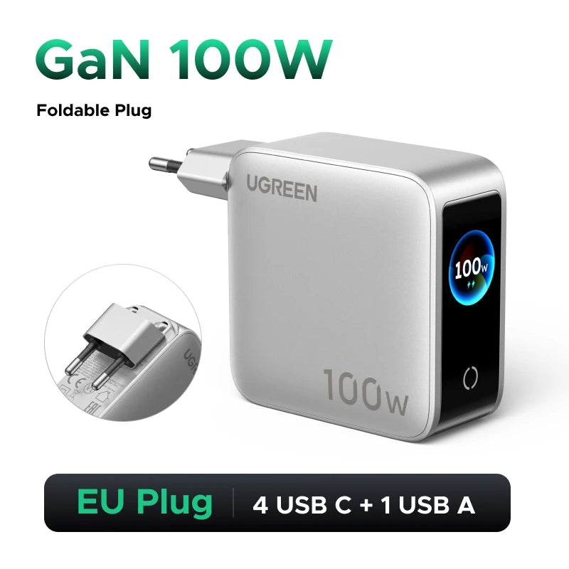 UGREEN 100W GaN Charger With Smart Display QC4.0 PD 3.0 USB C Charger For MacbookPro Laptop iPhone 18 17 Pro iPad Tablet Samsung