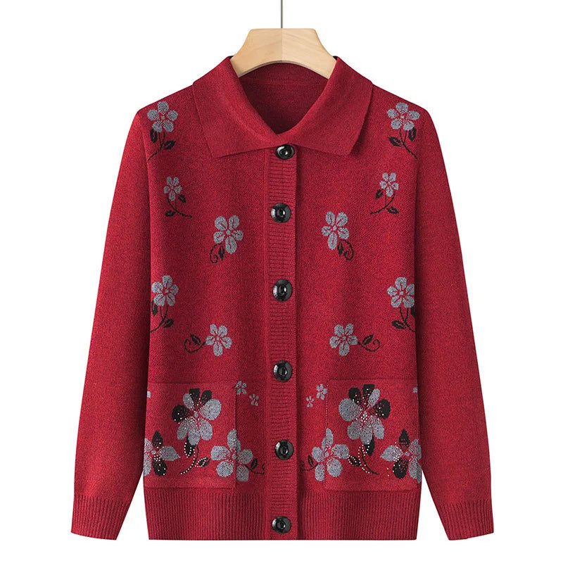 Grandma's Spring Autumn Cardigan Lapel Sweater Winter Womens Clothing Vintage Knitting Middle Aged Mother Knitwears Coat 4XL