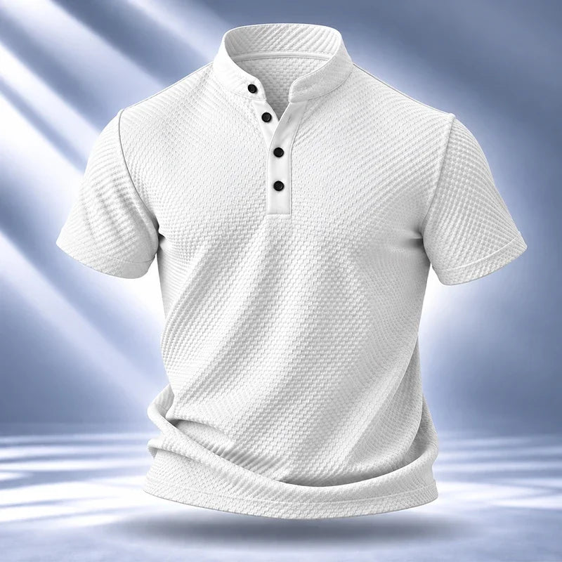 Mens Stand Collar Short Sleeve Shirt Soft Durable Waffle Premium Fabric Suitable For Daily Walking And Light Sports Occasions