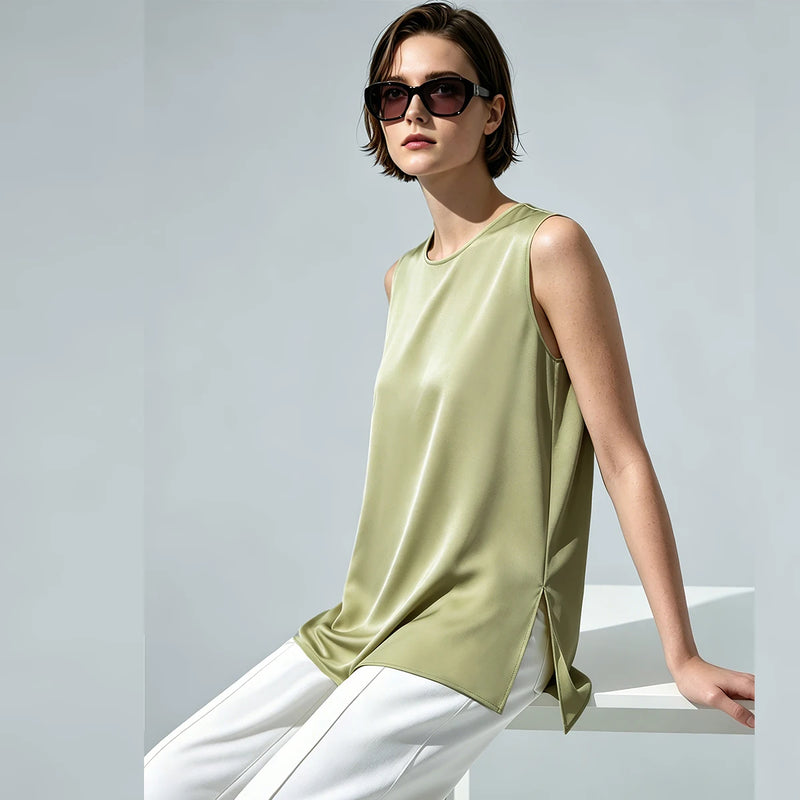 Amii Woman Trousers 2026 Summer New O-Neck Pleated Chiffon Long Dress Separate Casual Flowy Sleeveless Women's Blouse 12652065