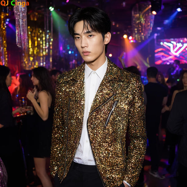 Men's Long-sleeve Jacket with A Zipper Closure and Circular Sequin Embellishments—perfect for Nightclubs, Biker Events, Parties.