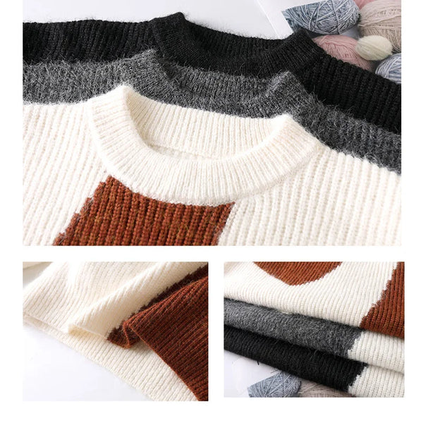 Men's Color Block Striped Sweater Crew Neck Loose Fit Knitted Pullover with Wool Autumn Winter Casual Streetwear