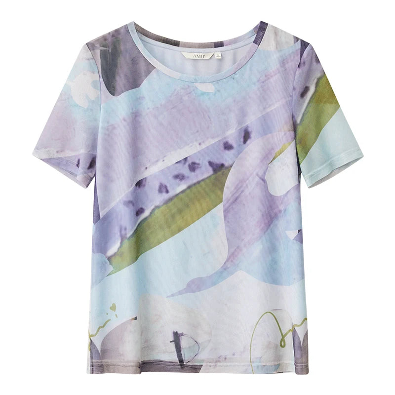 Amii Women's T-Shirt 2026 Summer New Round Neck Artistic Print Breathable Mesh Tee Casual Short Sleeve Top For Women 12612043