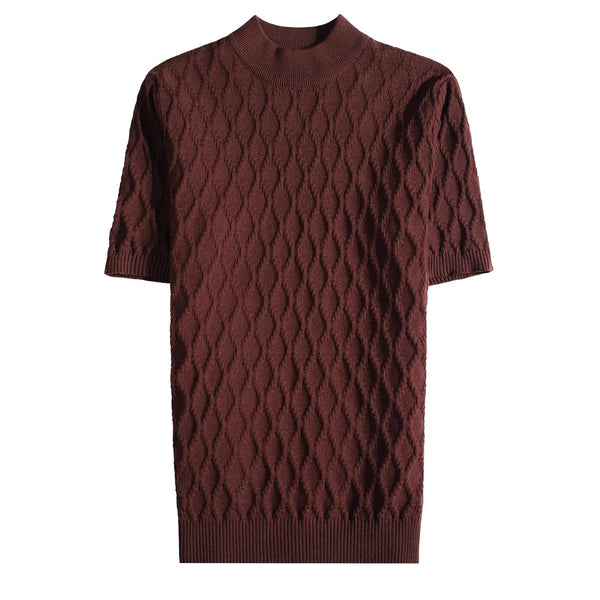 Men's Slim Fit Mock Neck Short Sleeve T-Shirt - Diamond Texture Knitted Top Slim-fit Men's Short-sleeve T-shirt Stretchable