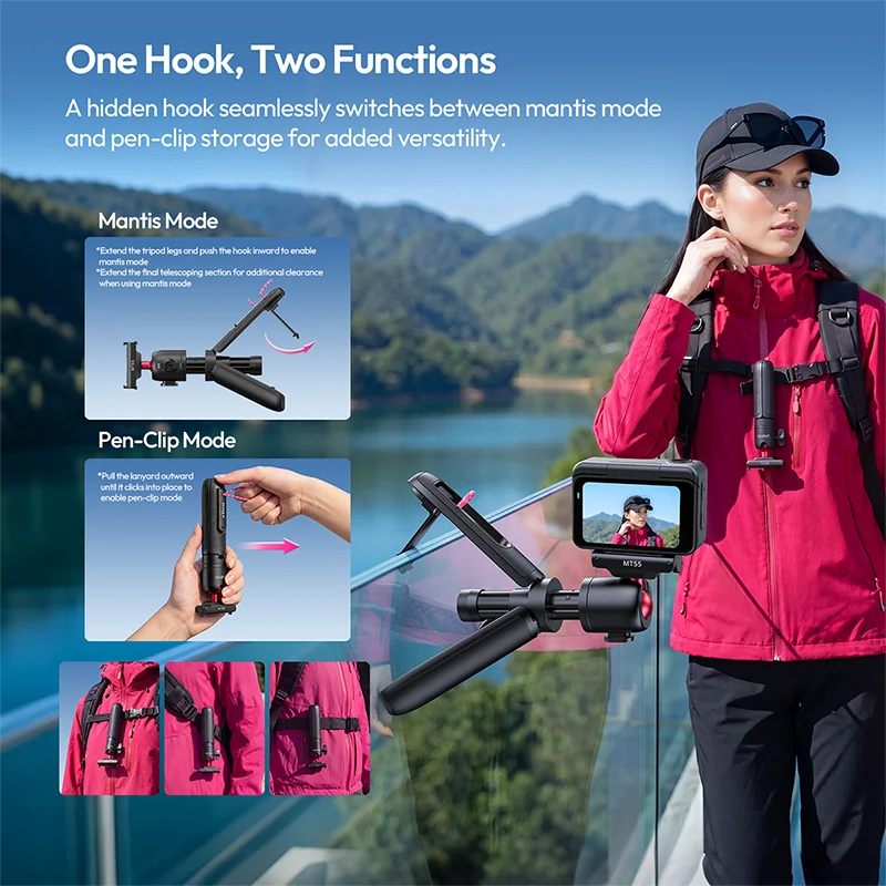 ជើងទ្រកាមេរ៉ា Ulanzi MT55 SnapGo Mini Selfie Stick សម្រាប់ Go Ultra DJI Action 6 ជើងទ្រកាមេរ៉ាម៉ាញេទិក ដែលអាចលៃតម្រូវបាន 360° 4 ផ្នែក
