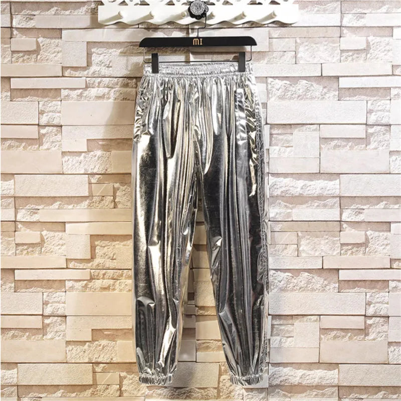 Gold Mens Pants, Elastic Waist Casual Trousers, Silver Fashion Loose Straight Leg Pant, Great for Dance Performances