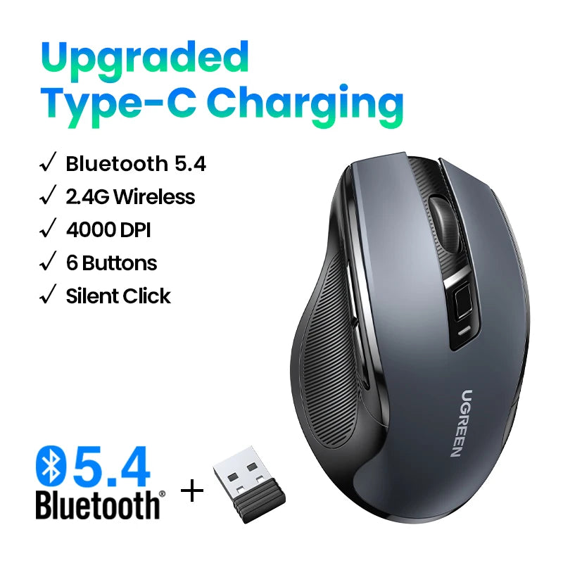UGREEN Mouse Wireless Ergonomic Mouse 4000 DPI Silent 6 Buttons For MacBook Tablet Laptop Mute Mice Quiet 2.4G Mouse