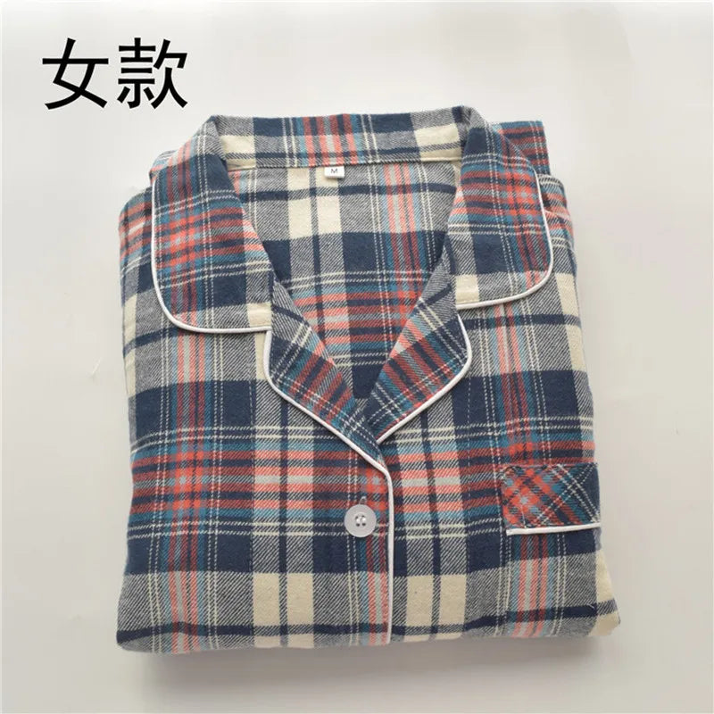 Spring Autumn Men's 100% Cotton Pajamas Suit Leisure Plaid Lapel Long Sleeve Home Clothes Women Sleepwear Set Pijamas De Mujer