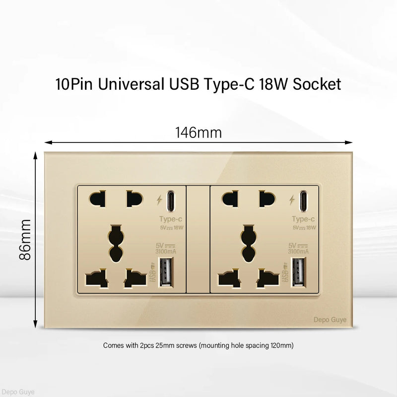 Gold UK 13A Tempered Glass Dual Socket,Universal Power Outlet With USB Type C 18W Quick Charge,Home Light Electric Switch Panel