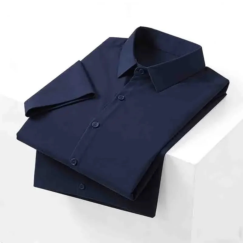 Men's Navy Blue Short Sleeve Dress Shirt Slim Fit Non-iron Formal Business Button Down Shirt for Office