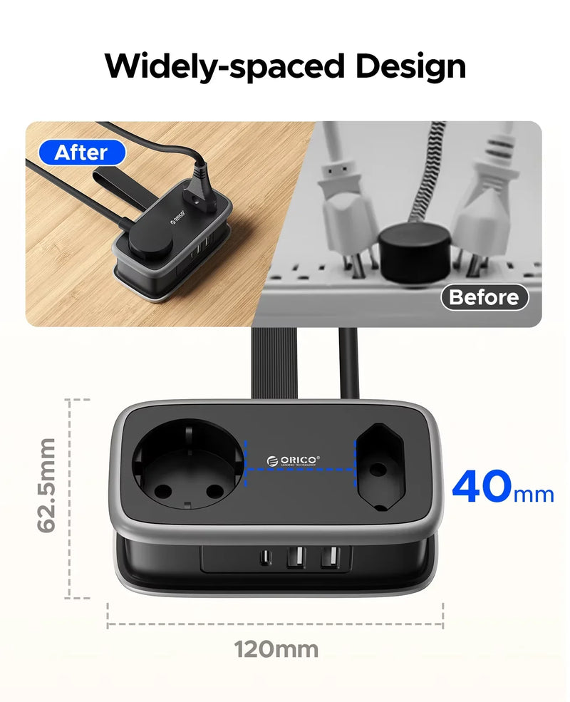 ORICO 5-In-1 Smart Charging Sockets 2AC 3USB Port Outlets 1.1M Extension Cable EU Plug Travel Power Strip Usb Electrical Socket