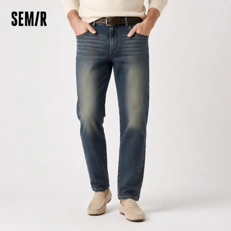 Semir Senrou Denim Jeans Men Whisker Retro Distressed Straight Leg 2025 Winter New Long Pants Elastic Men'S Wear