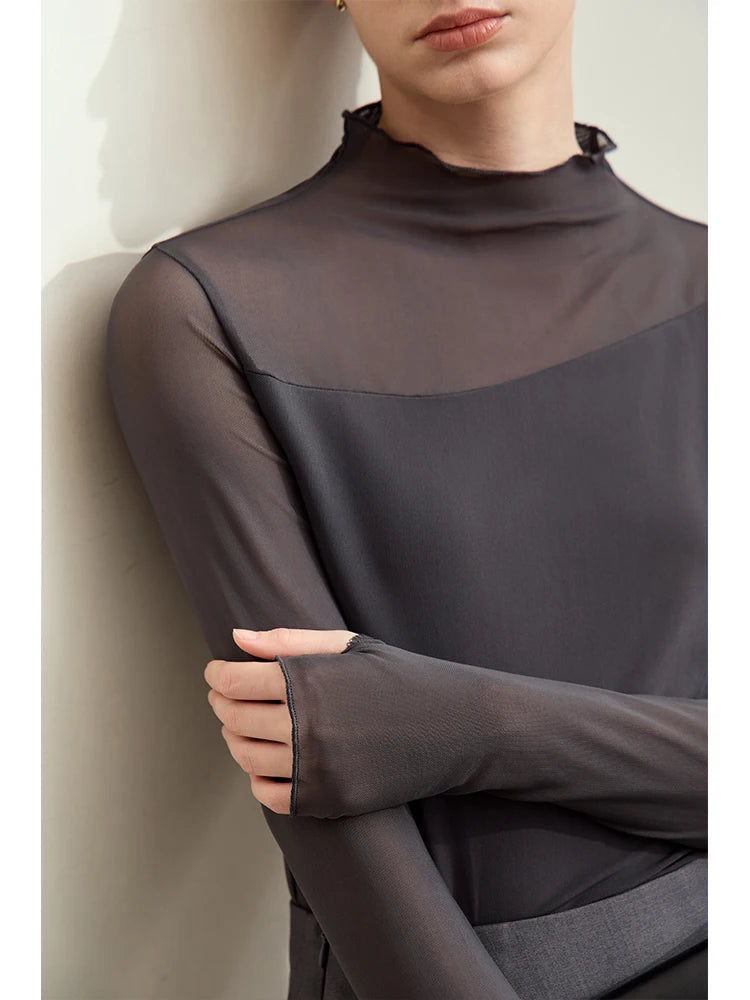 អាវយឺត Amii Minimalism Mesh សម្រាប់ស្ត្រី 2026 រដូវស្លឹកឈើជ្រុះថ្មី Office Lady ពាក់កណ្តាលខ្ពស់ Micro Perspective អាវ Retro ស្ដើង 12423055