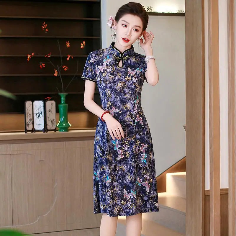 រ៉ូប Cheongsam រដូវក្តៅ កអាវផ្កាបាក់ សម្លៀកបំពាក់នារី រ៉ូបចង្កេះរាងអក្សរ A បែបចិនបុរាណ