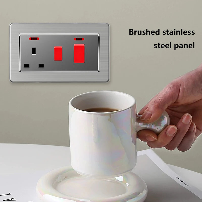 146 UK Standard 45A High Power Kitchen Electric Switch Socket 13A Wall Power Supply Cooker Glass Plastic Aluminum outlet Black