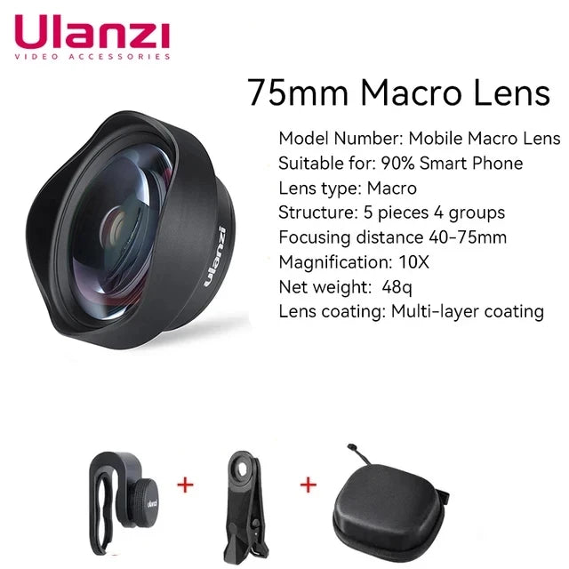 កែវថត Ulanzi 75MM 10X Super Macro Lens កែវថតទូរសព្ទ កែវថតទូរសព្ទខ្សែ 17MM ជាមួយឈុតសម្រាប់ iPhone 15 14 Sumsang