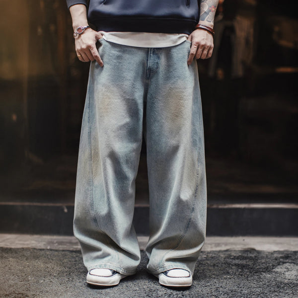 ខោខូវប៊យ MADEN Wash Barrel Wide Leg Baggy Jeans Men Vintage Washed Distressed Denim Curved Wide Leg Relaxed Baggy Y2K Streetwear Casual