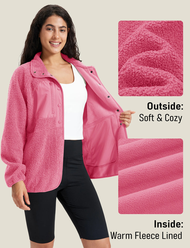 TACVASEN Women's Stand Collar Sherpa Fleece Jacket Winter Warm Lightweight Fuzzy Button Down Coat 3 Zipper Pockets Casual Jacket