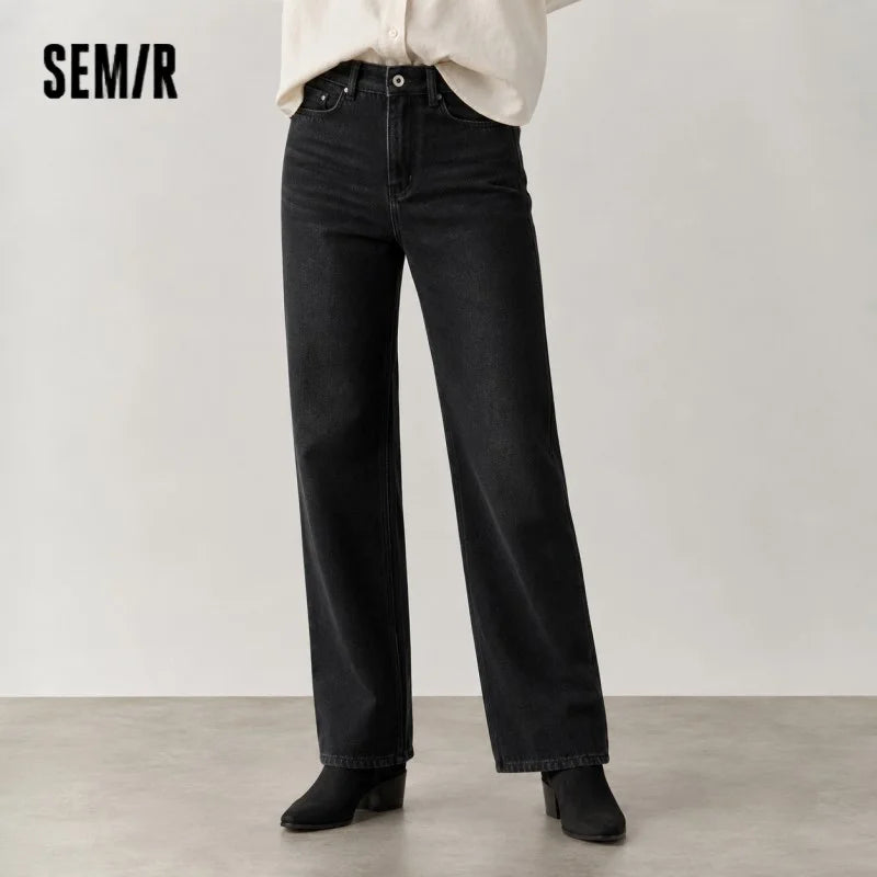 Semir Wide Leg Jeans Loose Fit Fleece Lined Women 2025 Winter Retro Style Casual Fashion Long Denim Comfortable Pants
