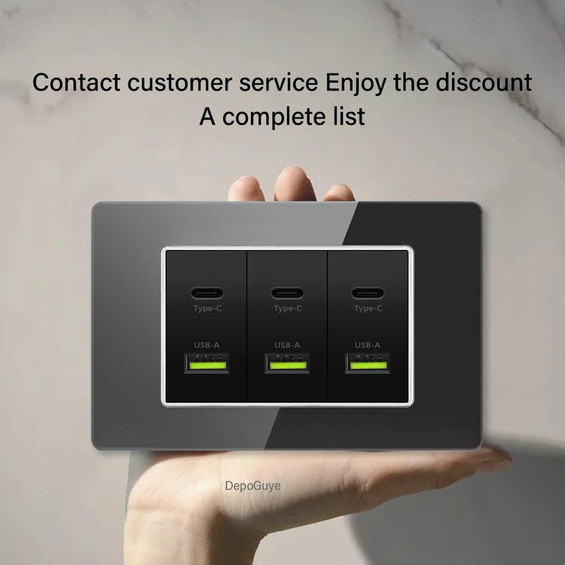 Type 118 White Black Grey Tempered Glass Wall Socket Panel 6 Charging port Triple USB Type C Wall Plug 3.1A 5V Outlet 118*75mm