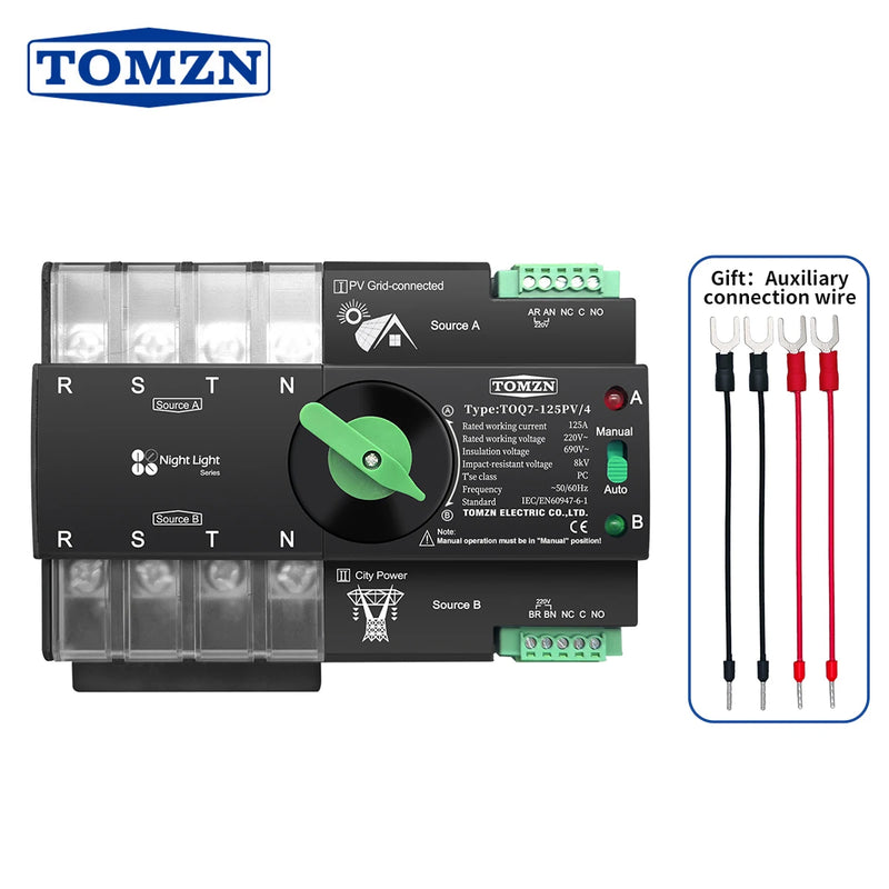 TOMZN Din Rail 3 phase ATS for PV 4P 63A 100A 125A 230V Dual Power Automatic Transfer Electrical Selector Switch Uninterrupted