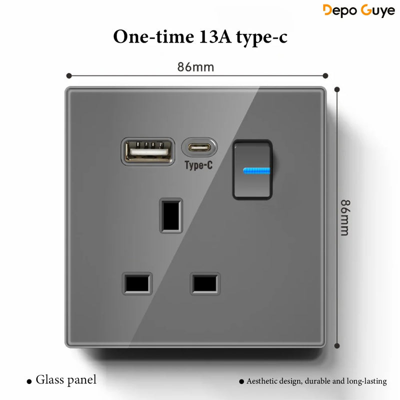Grey Tempered Glass UK Standard 13A Wall Switch Socket with LED USB Type-C TV CAT6 Data Outlet British Electrical Wall Panel