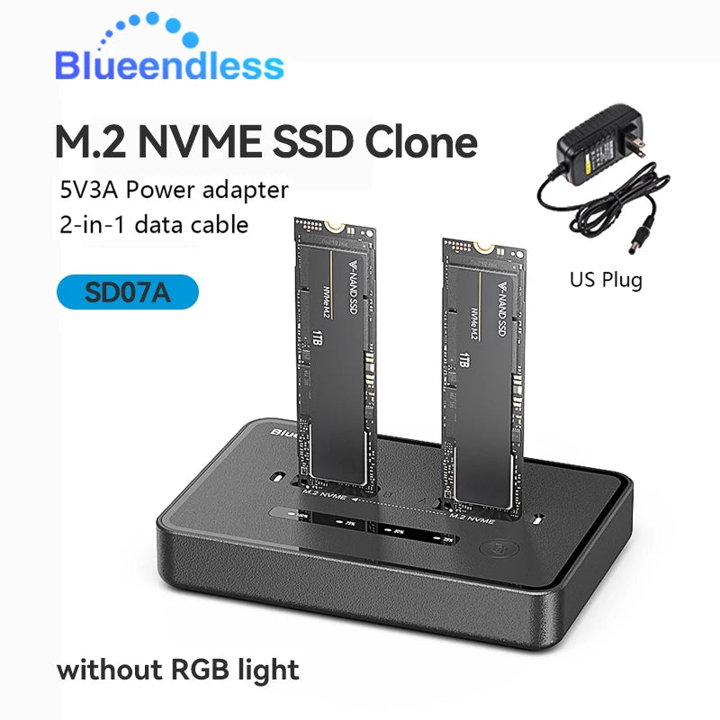 ស្ថានីយ៍ចតក្លូន SSD M.2 NVME ពីរជ្រុង Blueendless 20Gbps USB3.2 USB C ប្រភេទ C ឧបករណ៍ចម្លងក្លូនក្រៅបណ្តាញ NVme PCIE Enclosure