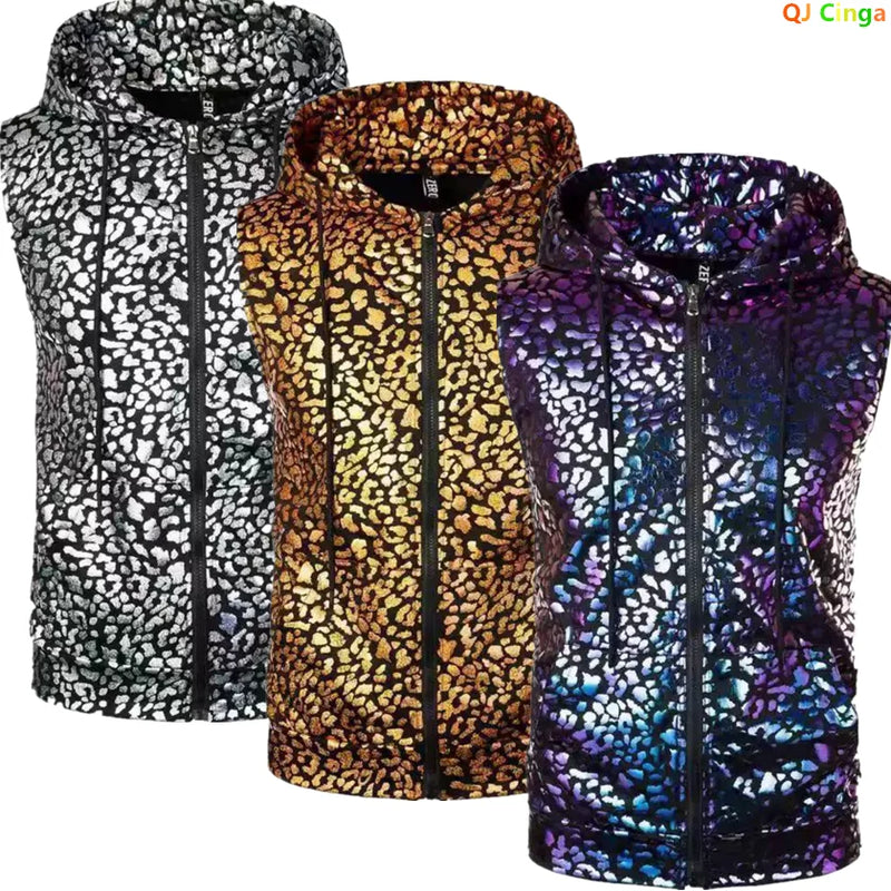 Men's Sleeveless Hooded Vests for Spring and Fall, Leopard-print Waistcoat for Summer, and Stylish Casual Tops. Gold,Silver,Blue