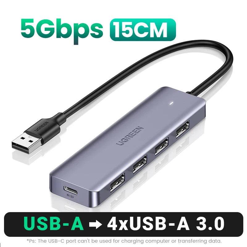 UGREEN USB HUB USB3.0 Splitter USB-A to 4xUSB-A 5Gbps Data Transfer Ports 5V/2A USB-C Power Supply for Desktop PC PS5 4 Laptop