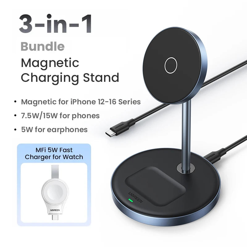 UGREEN Magnetic Wireless Charger Stand 15W Max 2-in-1 Charging Stand For iPhone 16 17 Pro Max/iPhone 14/AirPods Fast Charger