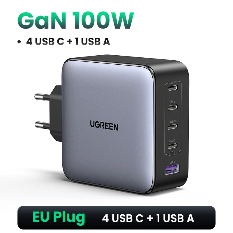UGREEN 100W GaN Charger 5 Ports USB C Charger QC4.0 3.0 PPS For Macbook Air Laptop Tablet PDFast Charger For iPhone 18 17 16 Pro