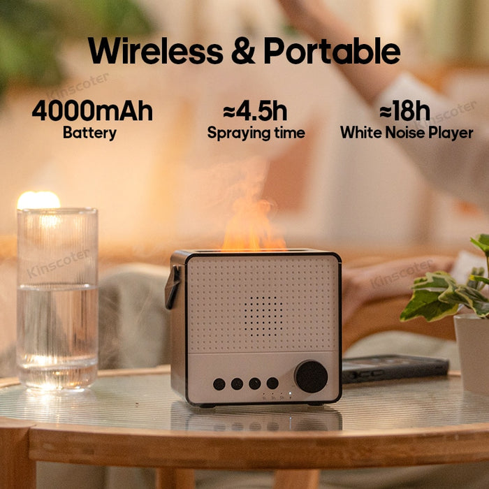 KINSCOTER Multifunction Flame Aroma Diffuser Essential Oil Air Humidifier Wireless Charger Bluetooth Speaker White Noise Sleep