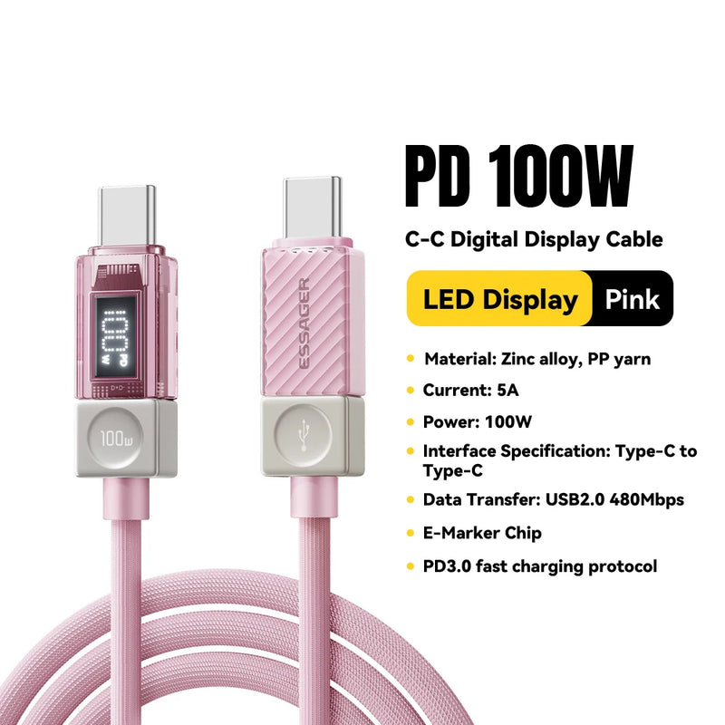 Essager 240W Type C to Type C Cable PD3.1 Digital Display Fast Charging USB C Cable for Macbook iPhone 17 16 15 Samsung Xiaomi