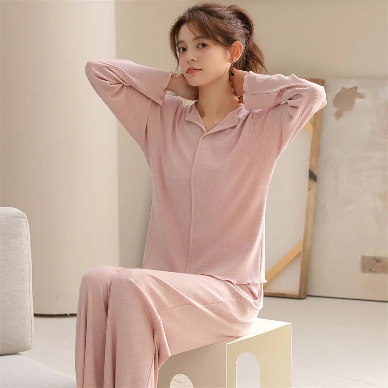 Pajama Woman Winter Long Sleeve Lapel Collar Shirt Pant Suit Spring Autumn Modal Cotton Sleepwear Set Lounge Home Clothes