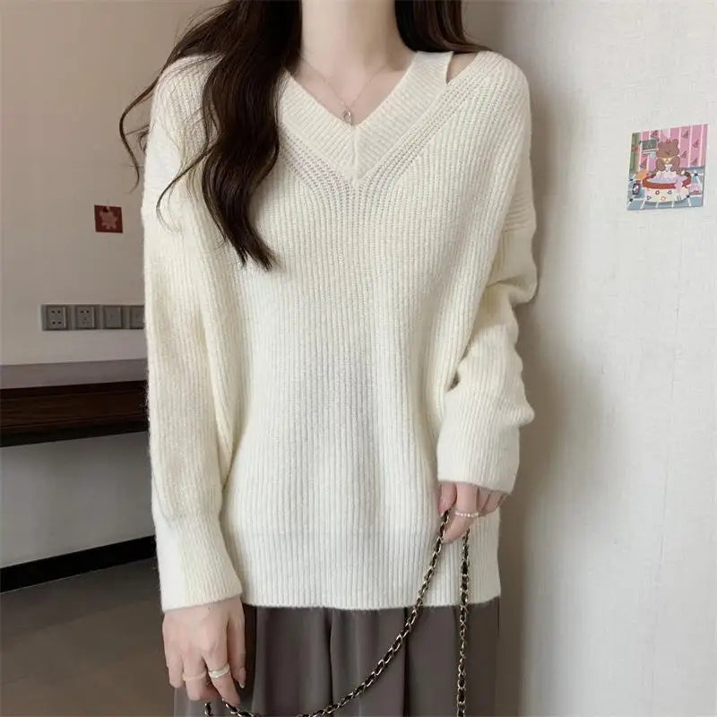 Lazy Style Sweater Long Sleeve Top Autumn Winter Solid Color Casual Women's Outside Wear Pullovers Knitting V Neck Pull Femme