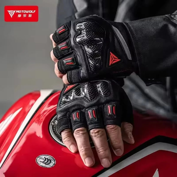 ស្រោមដៃជិះម៉ូតូរដូវក្តៅ Motowolf ស្រោមដៃពាក់ម្រាមដៃពាក់កណ្ដាលដែលអាចដកដង្ហើមបាន ស្រោមដៃស្បែកបែប Retro គ្មានម្រាមដៃ ស្រោមដៃកាបូនជាតិសរសៃប្រឆាំងនឹងការដួលរលំ