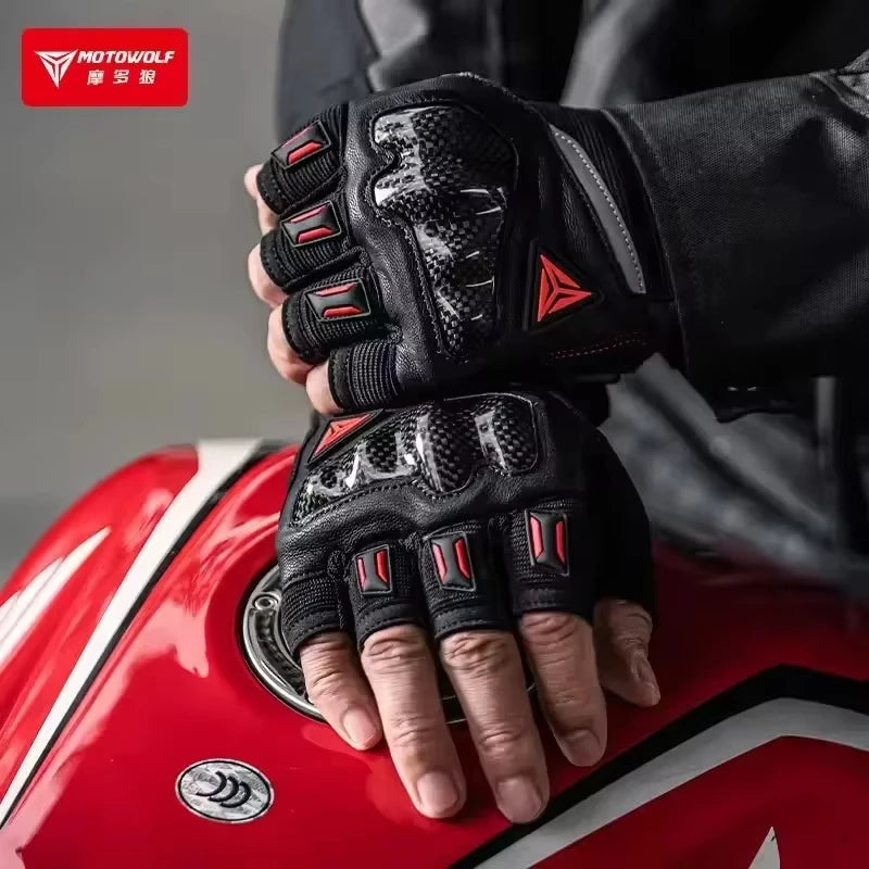 ស្រោមដៃជិះម៉ូតូរដូវក្តៅ Motowolf ស្រោមដៃពាក់ម្រាមដៃពាក់កណ្ដាលដែលអាចដកដង្ហើមបាន ស្រោមដៃស្បែកបែប Retro គ្មានម្រាមដៃ ស្រោមដៃកាបូនជាតិសរសៃប្រឆាំងនឹងការដួលរលំ