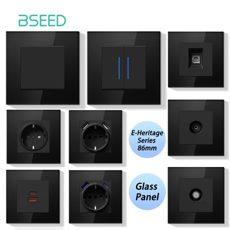 BSEED E Series 1/2Gang Button Light Switch Knob Dimmer Switch Wall EU Power Socket ST TV Socket Glass Panel Switch Socket Series