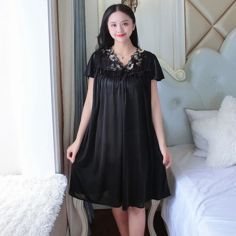 Nightwear Sexy Night Dress Nightie Sleeping Home Dress Pijama Plus Size Sleepwear Women's Silk Satin Sleepdress Nightgowns