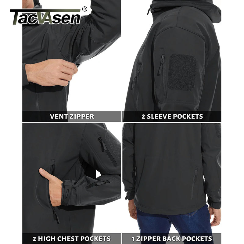 TACVASEN Men's Working Outdoors Jacket Warm Fleece Lined Hooded Coat Waterproof Soft-shell Multiple Zippered Pockets Jacket