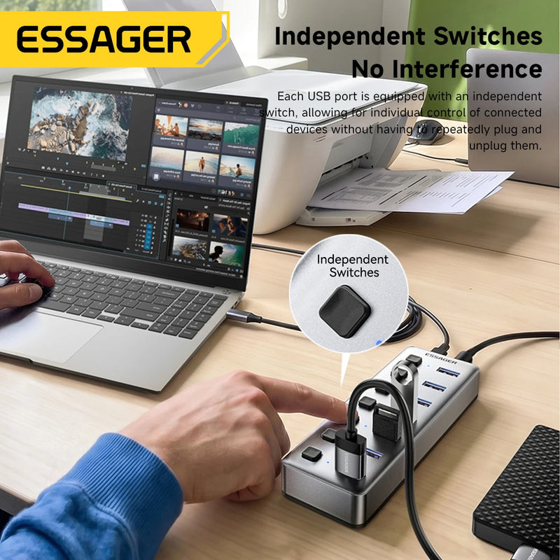 Essager 7 ច្រក USB A HUB ពហុច្រក USB 3.0 5Gbps Splitter Adapter ជាមួយឆ្នាំងសាក EU/US 24W សម្រាប់ទូរស័ព្ទ Macbook Pro PC Laptop