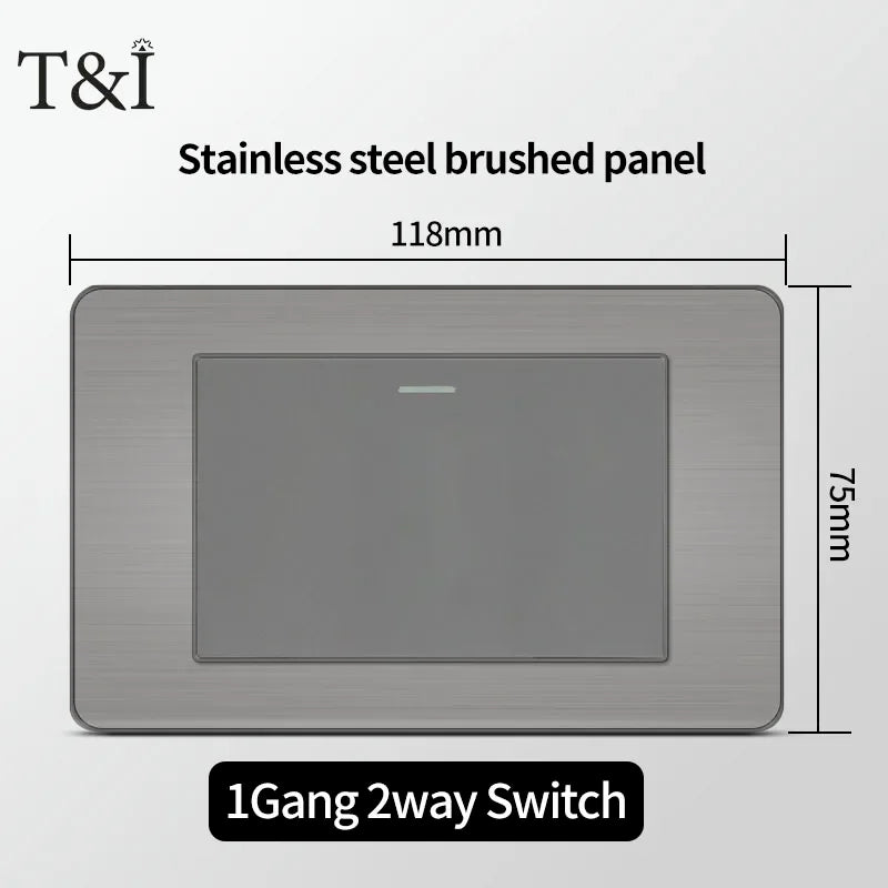 T&I 118 Premium Stainless Steel Brushed Wall Socket with USB Type - C, US Switch, Thai Plug for Home & Office Use