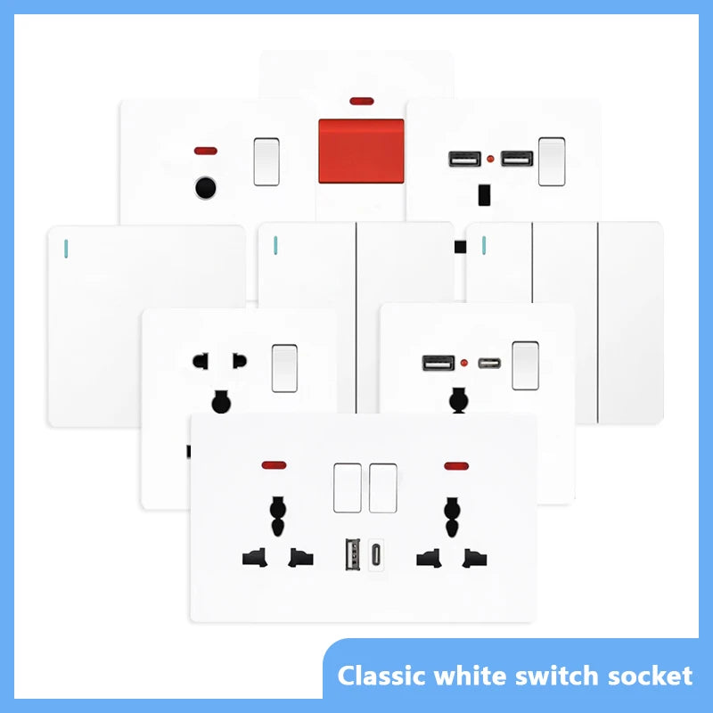 UK Standard Power Socket 13A Dual USB Plug Type-C Wall Outlet,1/2/3gang 2way Switch, White Universal 5pin Wall electrical socket
