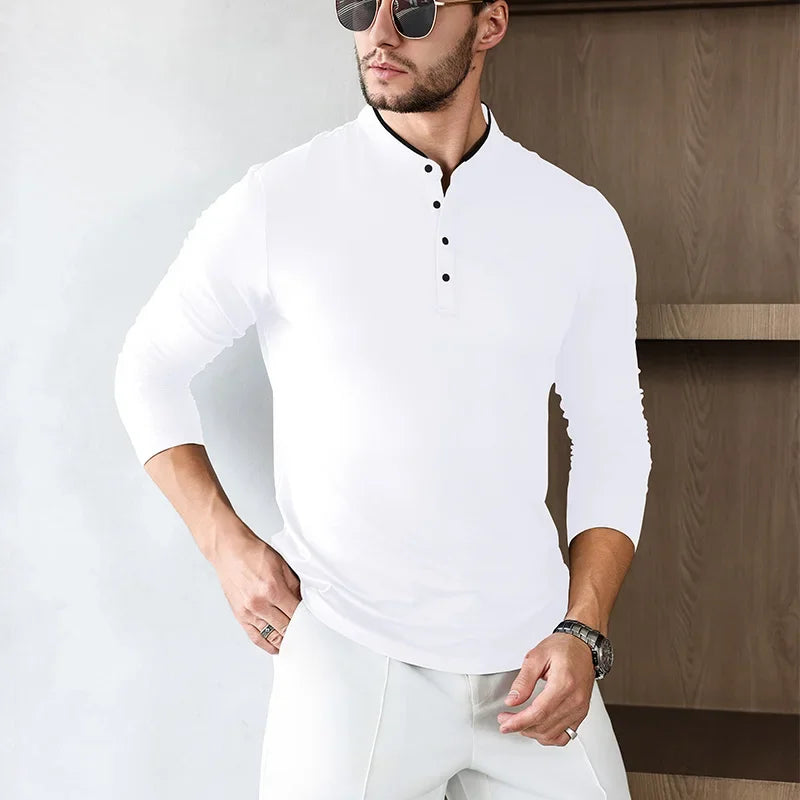 2025 New Men's Casual and Fashionable Solid Color Long Sleeved Stand Up Collar T-shirt Summer Versatile and Comfortable Top