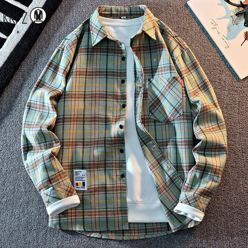 Men All Match Grid Outer Shirt Lapel Button Closure Classic Check Pattern Long Sleeve Daily Casual Top