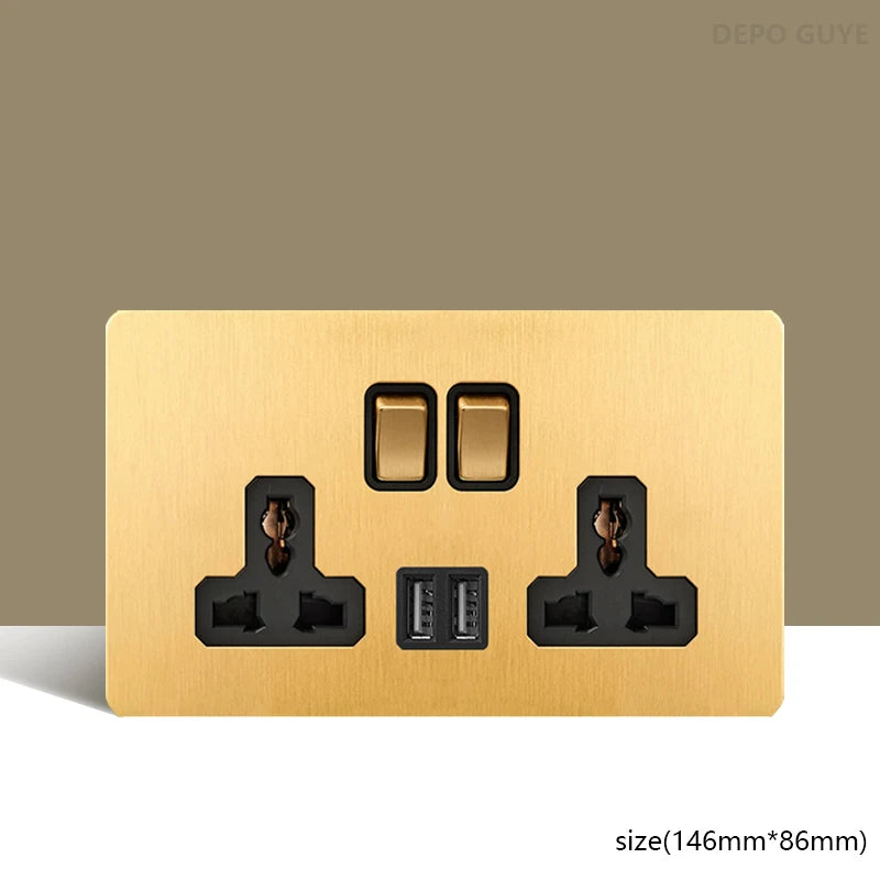 Retro Wall Light Toggle Switch Dual EU FR Socket Gold Stainless Steel Brushed Panel  Vintage Brass Lever For Home Improvement