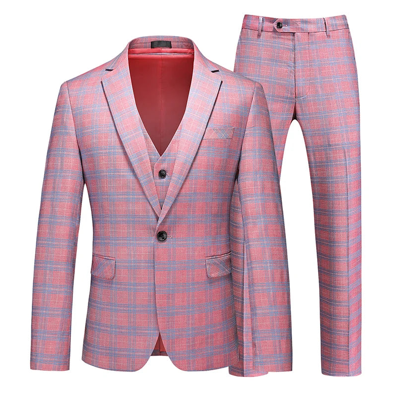Men's Black-White Striped Plaid Suit 3-Piece, Wedding Party Dress Jacket and Vest with Trousers, Asian Sizes Red Slim Fit Sets.