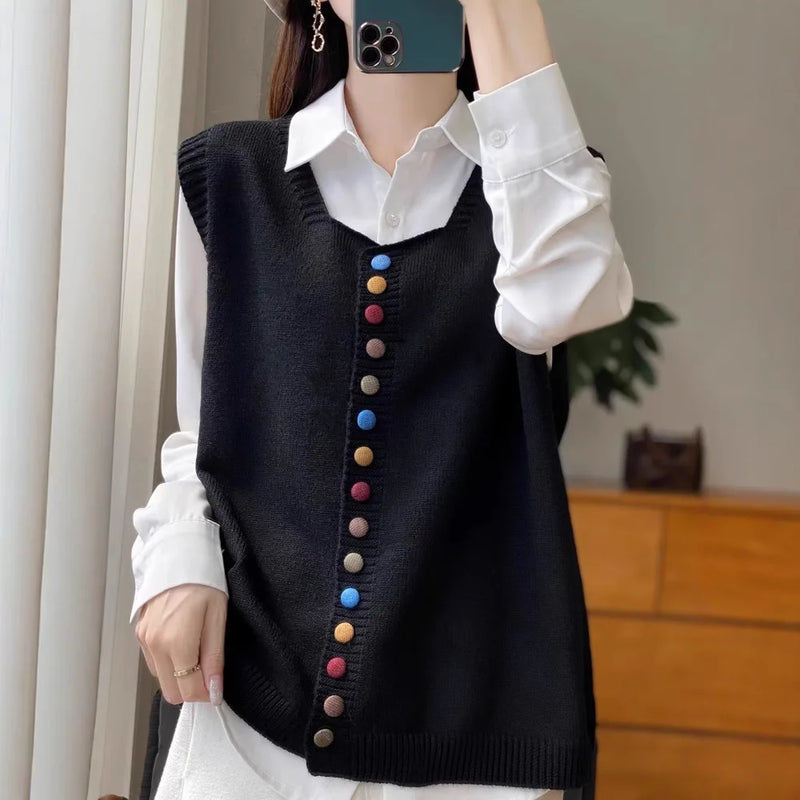 Retro Button Crew Neck Knitted Vest Cardigan Women's Sleeveless Sweater Stack Wear Versatile Top Ladies Spring Autumn Jacket