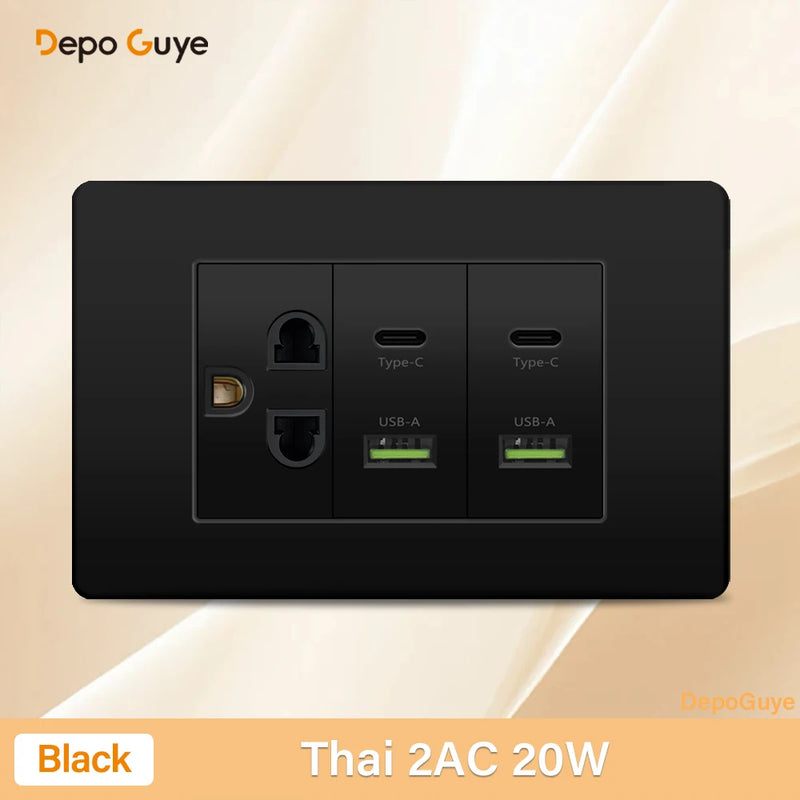 Italy Chile Mexico Outlet with USB Smart Type-c 20W Fast Charging Wall plug,Brazil Electric Light Switch Dual usb Power Socket